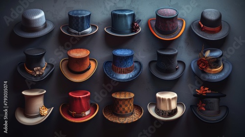 Collection of Classic Vintage Top Hats in Pristine Condition Generative AI photo