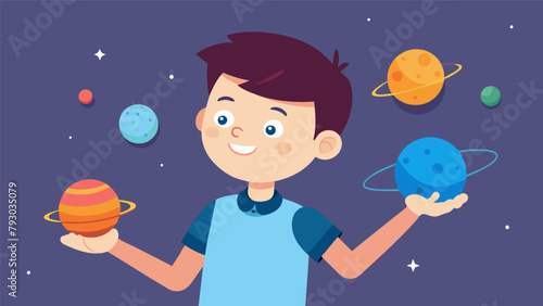 A wideeyed boy shyly holds up his carefully crafted homemade solar system model pointing out each planet and proudly explaining how he made it.