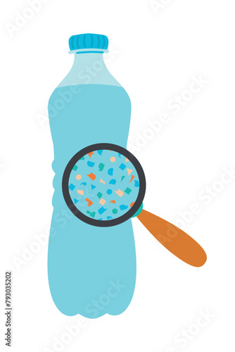 Micro plastic pollution concept. Microplastic in water. Environmental pollution by toxic waste. Toxic pieces in water bottle. Vector illustration isolated on white background.