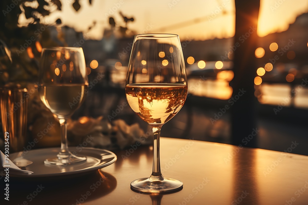 Two glasses of white wine on a table in a restaurant at sunset