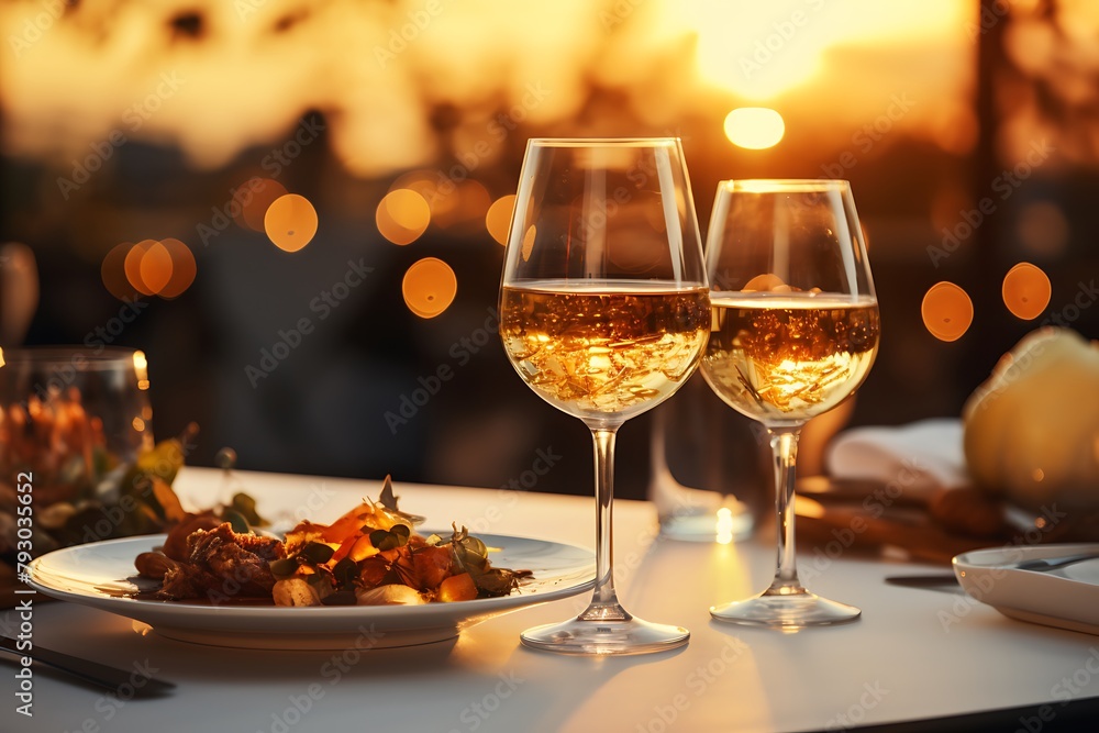 Two glasses of white wine on a table in a restaurant at sunset Two glasses of white wine on a table in a restaurant at sunset