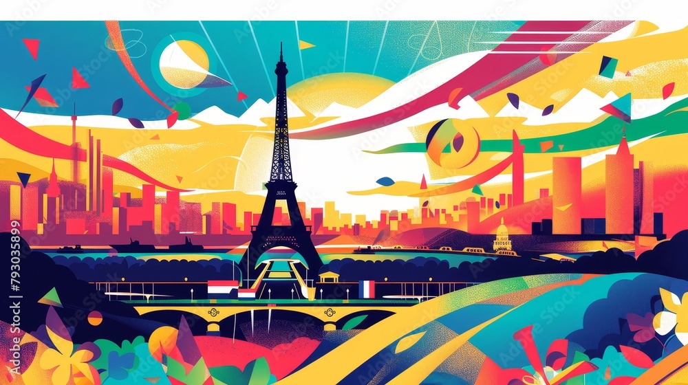 The Olympic Games in Paris 2024 in the style of an abstract colorful illustration The Olympic Games in Paris 2024 in the style of an abstract colorful illustration