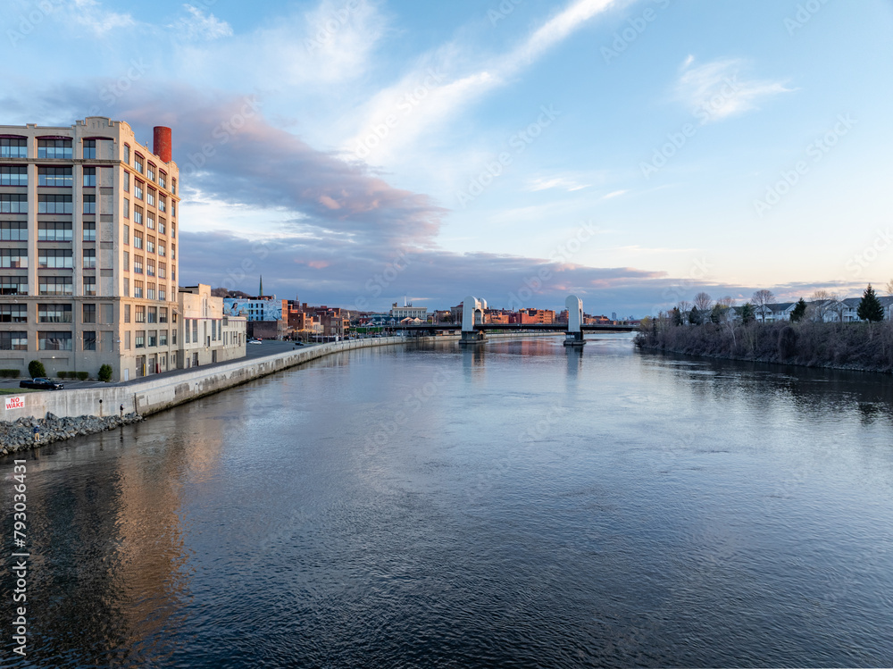 Late afternoon spring aerial view of downtown Troy, NY on the Hudson River.