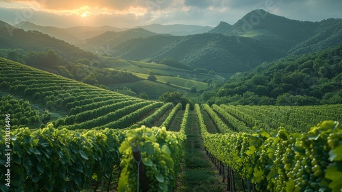 Picturesque Vineyards Nestled in Majestic Green Hills and Mountains Generative AI