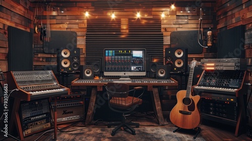 Empty wooden music recording studio with guitar and music equipment. AI generated image