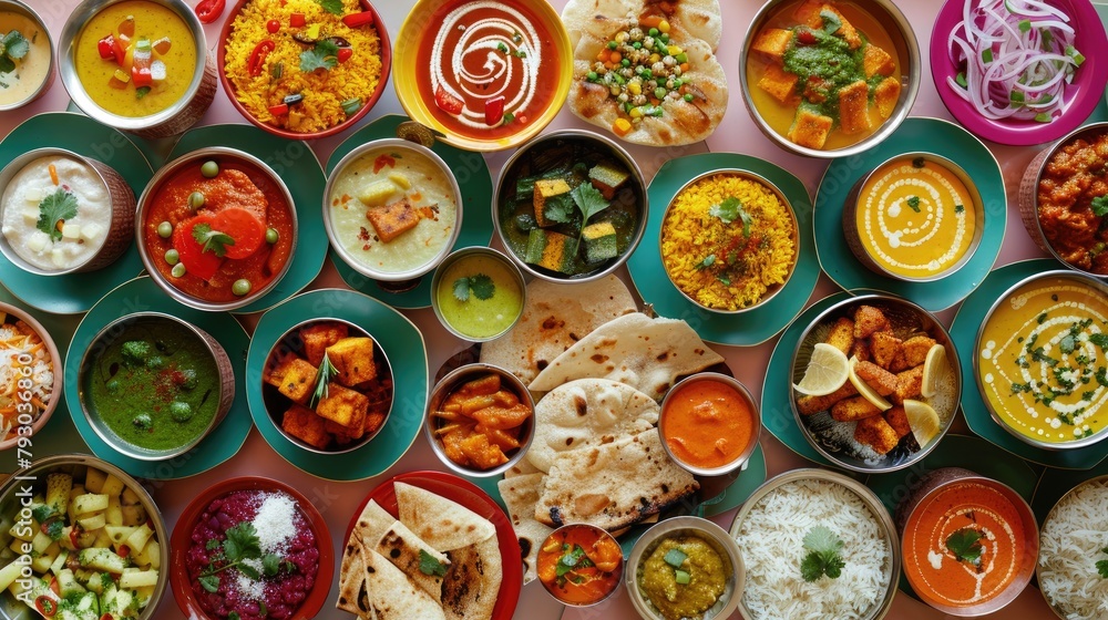 Group of Assorted Indian Lunch Food in Colorful Bowls Over White Background