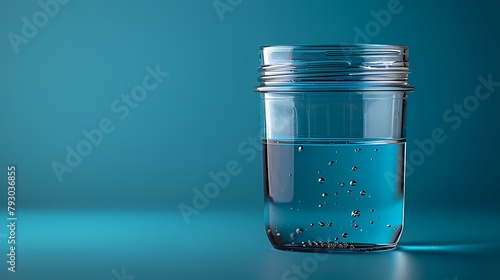 A transparent specimen container placed against a solid blue background, its contents visible through the clear plastic walls photo