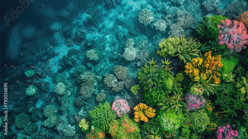 Vibrant coral reef seen underwater from above, a colorful marine landscape