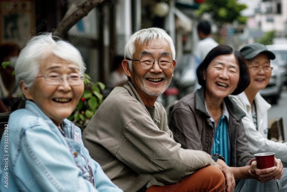 Asian senior couple sitting on a bench in the street and drinking coffee Asian senior couple sitting on a bench in the street and drinking coffee