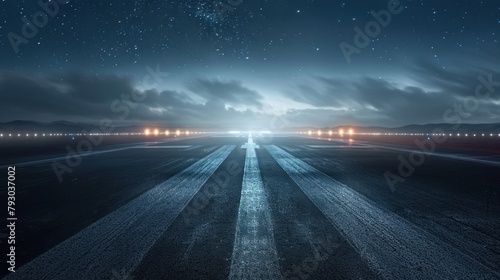 Dark concrete or asphalt of plane runway with light in the night sky view. AI generated image