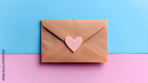 Cute craft paper envelope with pink heart. Romantic love letter photo