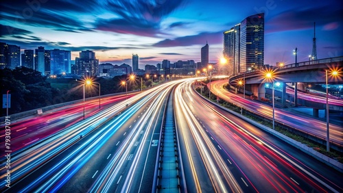 High speed urban traffic on a city highway during evening rush hour, car headlights and busy night transport captured by motion blur lighting effect and abstract long exposure photography photo