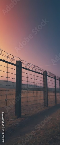 Perspective view of an iron fence with barbed wire, Generative AI, Generative, AI