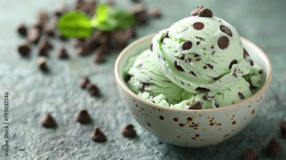 Close-Up of Modern Style Mint Ice Cream with Chocolate Chips Close-Up of Modern Style Mint Ice Cream with Chocolate Chips