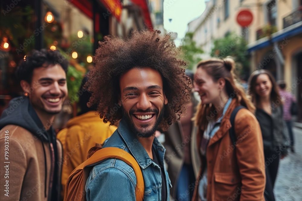 Portrait of smiling young man with afro hairstyle and friends on background
