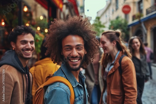 Portrait of smiling young man with afro hairstyle and friends on background