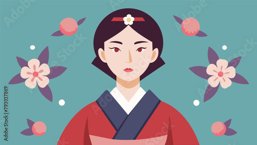 A student wearing a traditional Japanese kimono elegantly patterned with silk flowers and symbols of good fortune.