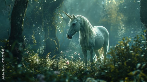 A fantasy mystical unicorn horse in the dark fairy forest scene. AI generated image © yusufadi
