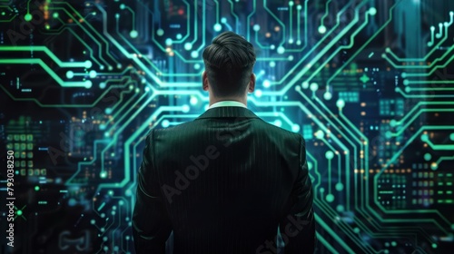 Back view a businessman looking analytic digital circuit graphic technology. AI generated image