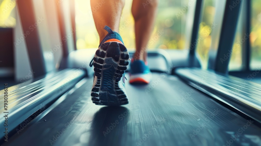 Fototapeta premium Close up young man athlete shoes running in treadmill at fitness gym blur background. AI generated