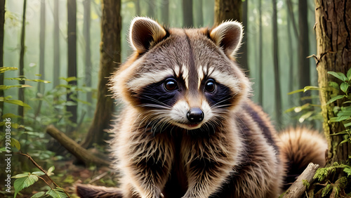Close up cute furry baby racoon in forest  photo