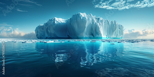 a striking 3D depiction of a majestic iceberg floating in an icy ocean, capturing the sheer scale and beauty of nature's frozen wonders 16k ultra HD resolution