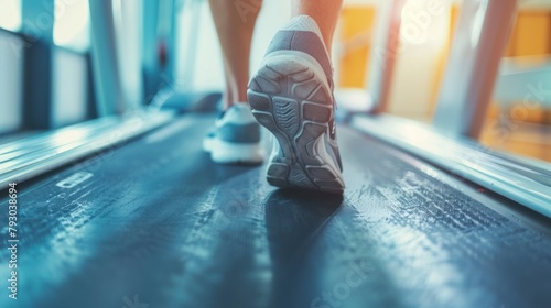 Close up young man athlete shoes running in treadmill at fitness gym blur background. AI generated