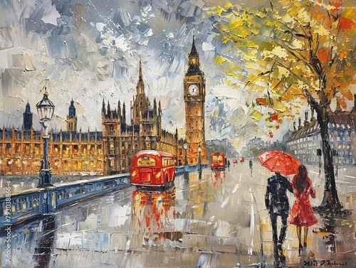 An oil painting on canvas portraying a street view of London, focusing on the iconic landmark, Big Ben, along with other elements characteristic of the cityscape.  photo