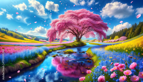  A majestic pink tree reigns over a vibrant landscape, with petals dancing on a breeze above a river reflecting the kaleidoscope of colors. The radiant backdrop of the azure sky cradles fluffy clouds