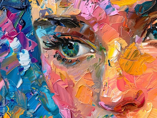 An oil portrait painting depicted in multicolored tones, showcasing an abstract representation of a beautiful girl. 