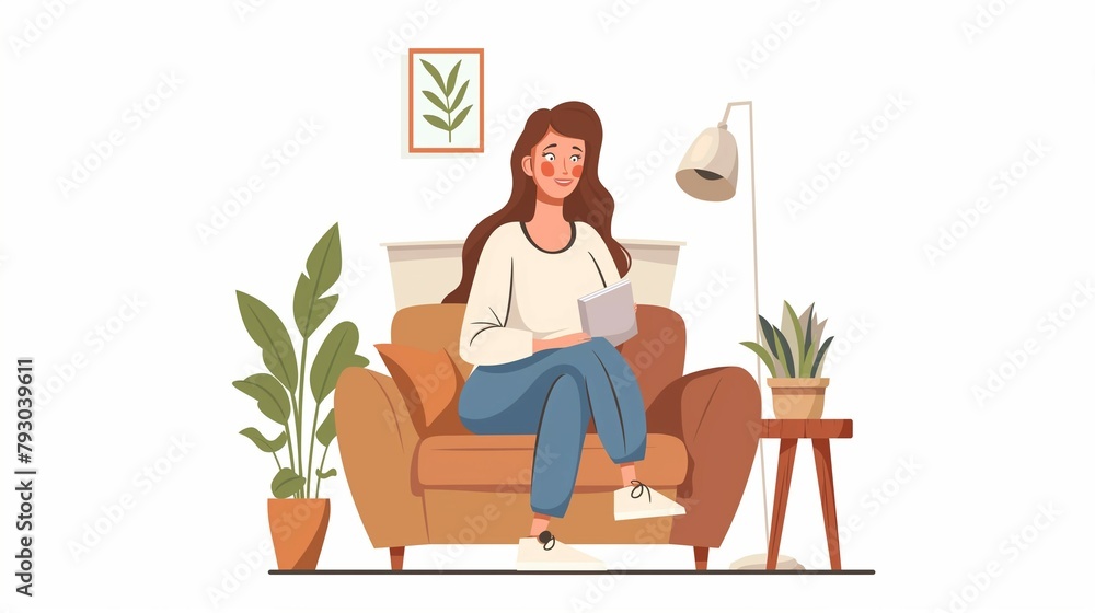 A woman sitting on a sofa enjoying relaxation, cartoon illustration style design, 3d