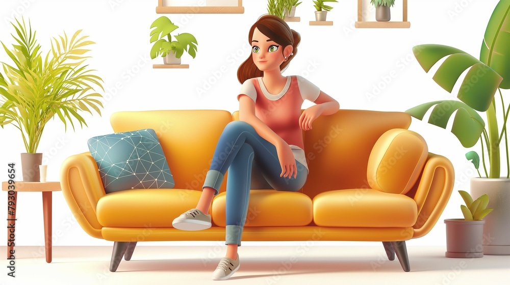 A woman sitting on a sofa enjoying relaxation, cartoon illustration style design, 3d