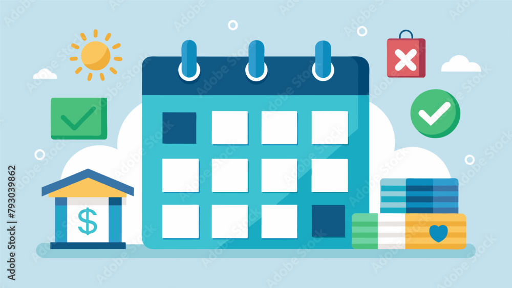 A planner or calendar with clearly marked dates for achieving different financial goals such as buy first home and start college savings. A planner or calendar with clearly marked dates for achieving different financial goals such as buy first home and start college savings.