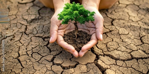 A pair of hands carefully holding and nurturing a small tree sprout in soil, showcasing concepts of hope and environmental conservation amid a backdrop of parched, cracked earth