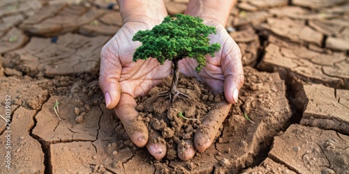 Encapsulating the drive to restore and replenish our environment, hands hold a budding green tree in an expansive, cracked terrain suggesting the adverse effects of climate change photo