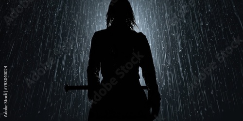 Amidst the pouring rain, a hooded figure grips a sword, casting an eerie and foreboding presence in the gloom. photo