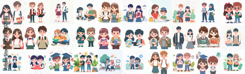 Vector set of student kid couple with flat design style