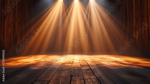 Three spotlights illuminate an empty wooden stage.