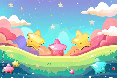 Cute cartoon frame background with colorful star shaped candy in the sky Generative AI © SKIMP Art