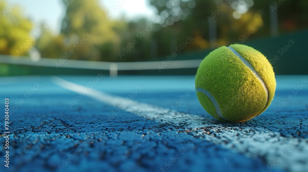 A close up of a tennis ball on a blue tennis court with the net in the background.