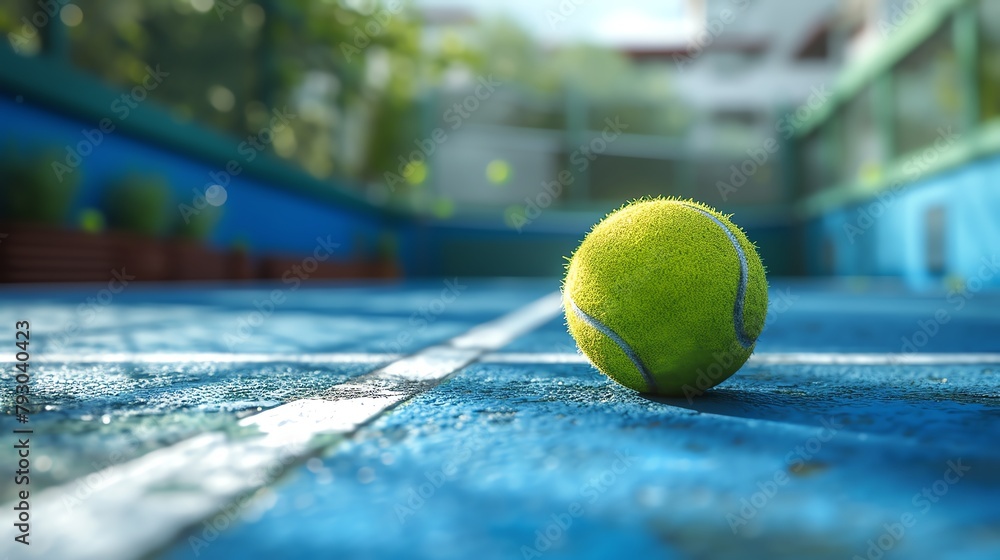 A close up of a tennis ball on a blue tennis court with a blurred background.