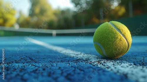 A close up of a tennis ball on a blue tennis court with the net in the background. © Cheetose