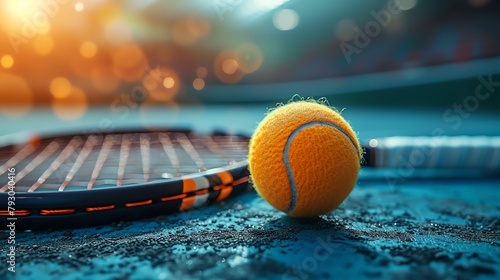 A close up of a tennis ball and racket on a blue court with the sun in the background.