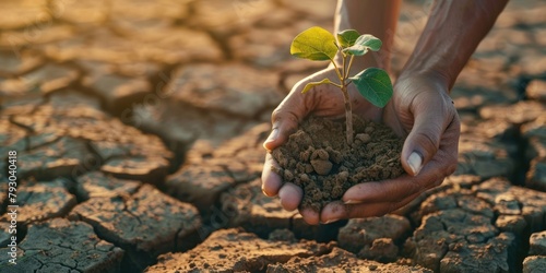 Hands carefully presenting a delicate seedling set against a severely cracked, dry earth background photo