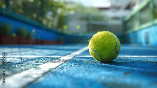 A close up of a tennis ball on a blue tennis court with a blurred background.