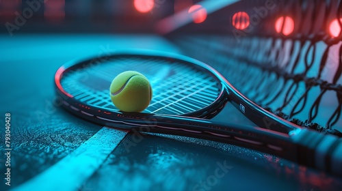 A close up of a tennis racket and ball on a blue court with a net in the background.
