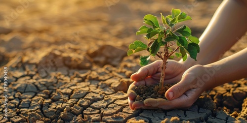 Warmed by the sunset, hands hold a young tree over parched ground, portraying conservation and hope amidst adversity photo