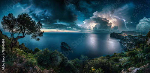 Vue spectaculaire d un orage en mer vue depuis la c  te de nuit