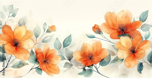 A watercolor painting of orange hibiscus flowers with green leaves on a white background.