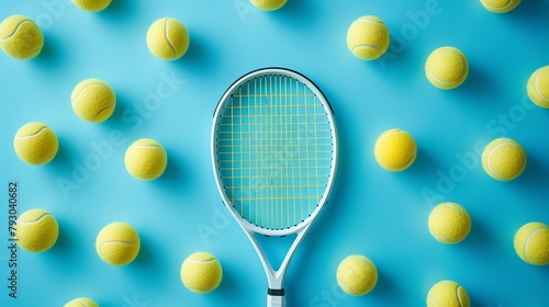 A white tennis racket is placed in the center of a blue background. Yellow tennis balls surround the racket.